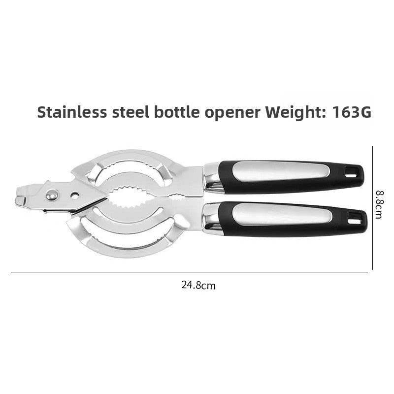 Stainless steel multi opener shown at 24.8 by 8.8 cm and 163 g with dimension labels