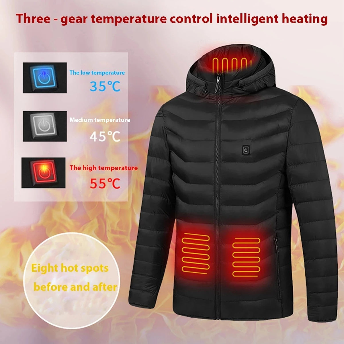 Black heated jacket with a one touch power button on the chest for the heating zones