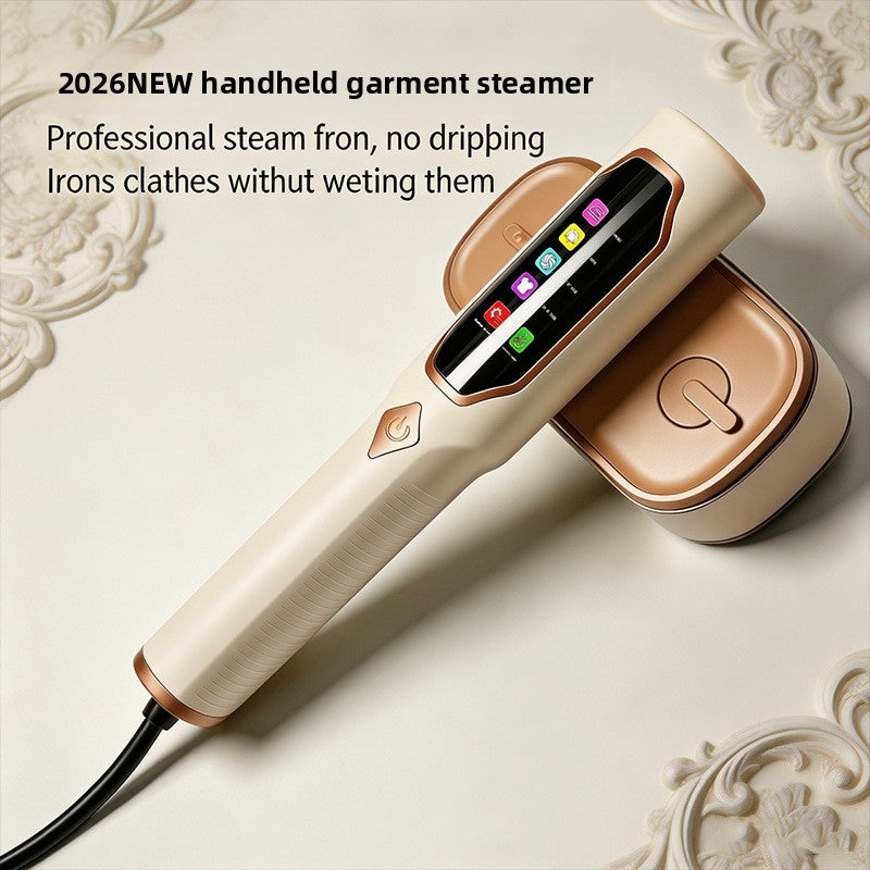 Cream and copper handheld garment steamer with black power cord on a white embossed floral surface