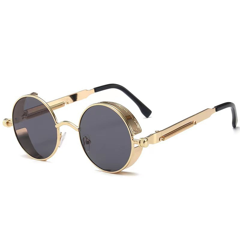 Front view of the round steampunk sunglasses with a full metal rim and tinted lenses