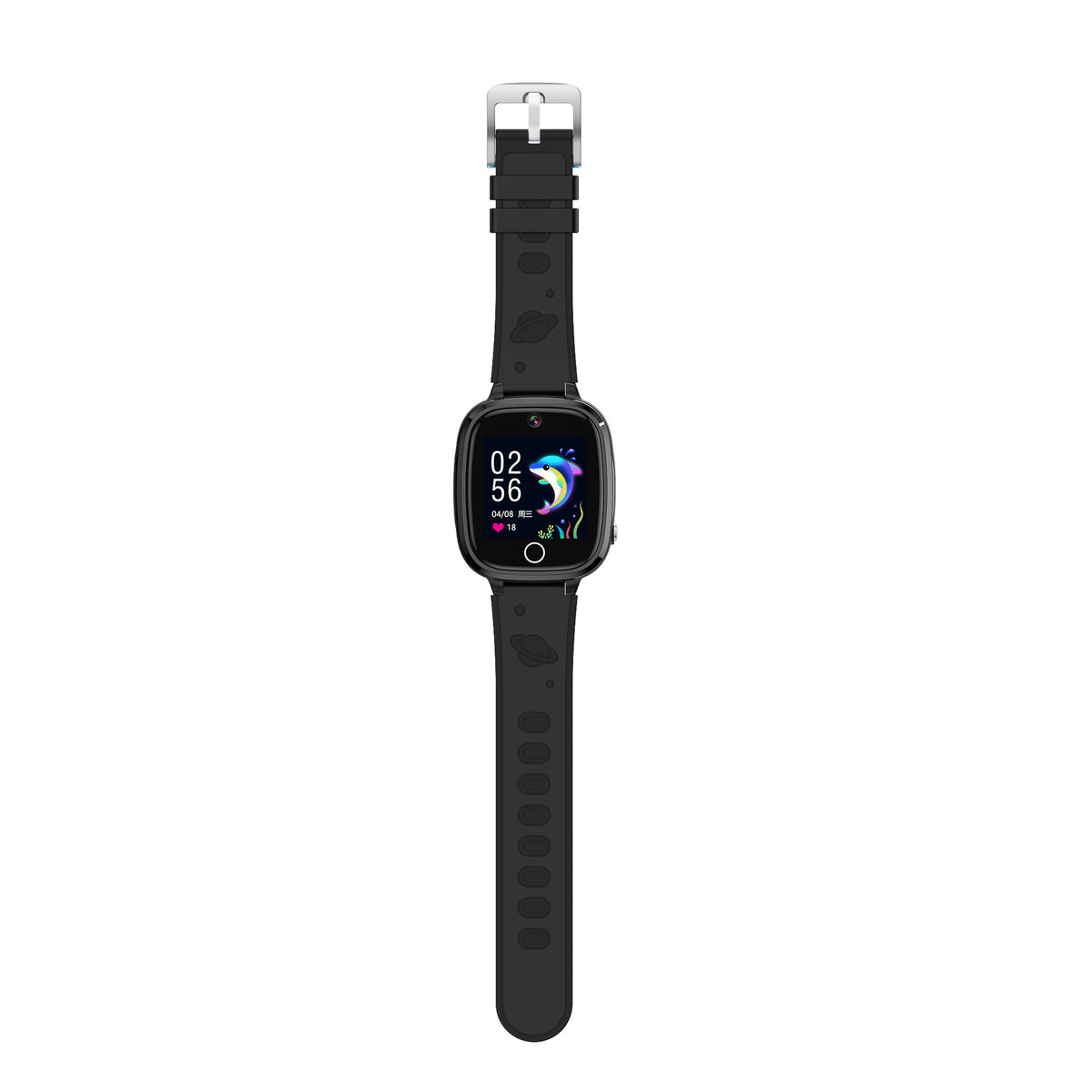 Black children's smart watch with a dolphin watch face on a long black strap with a metal buckle, front view