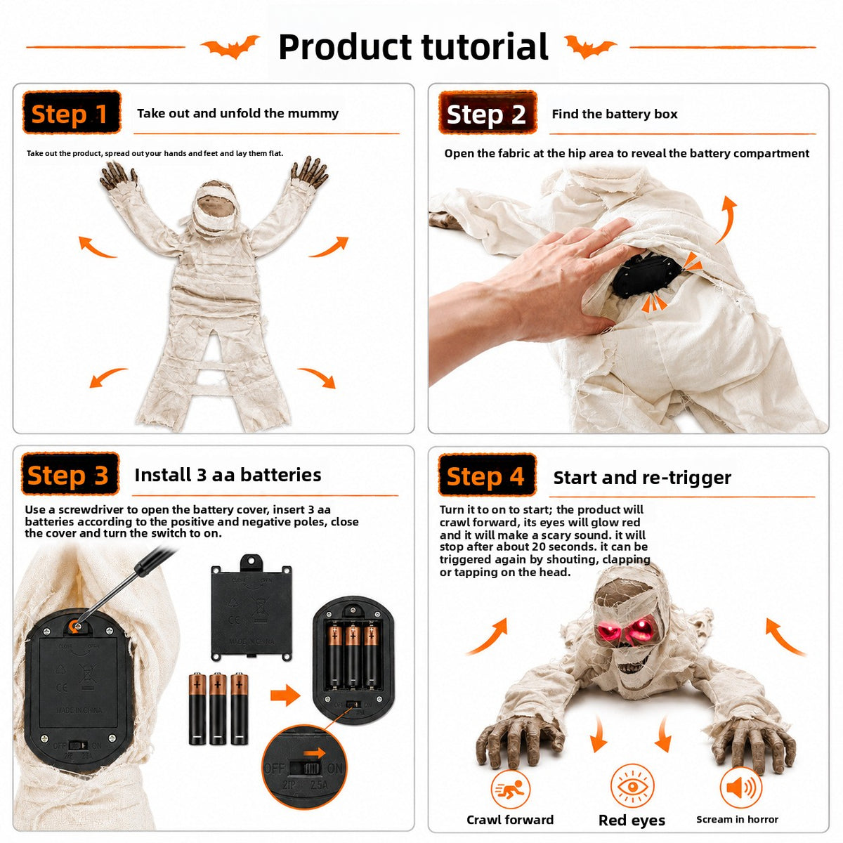 106 cm long crawling mummy prop dragging forward on both arms on the ground