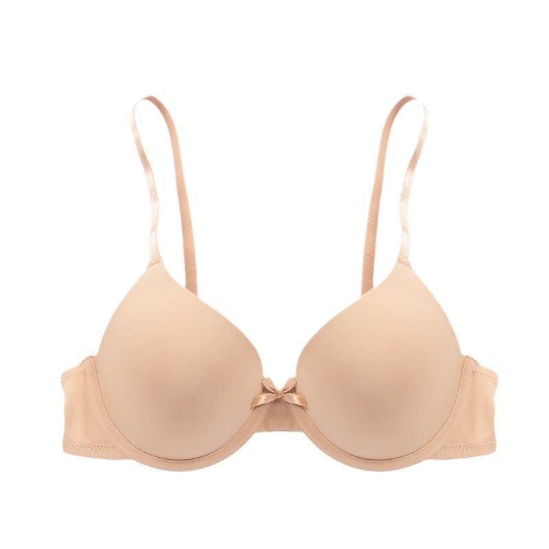 Push-up molded cup bra with a center satin bow, molded 3/4 cups and adjustable slider straps