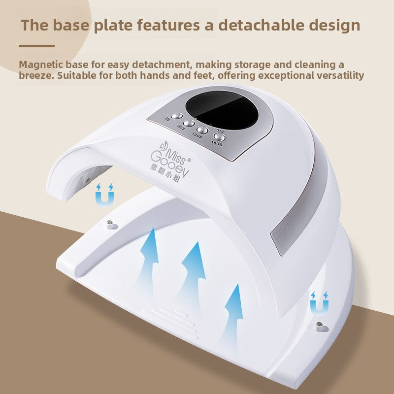 White nail lamp with the magnetic base plate lifted off, arrows showing the detachable design