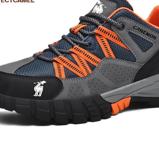 Gray and navy mesh low top hiking style shoe with lugged rubber sole, Gray, size 41 option