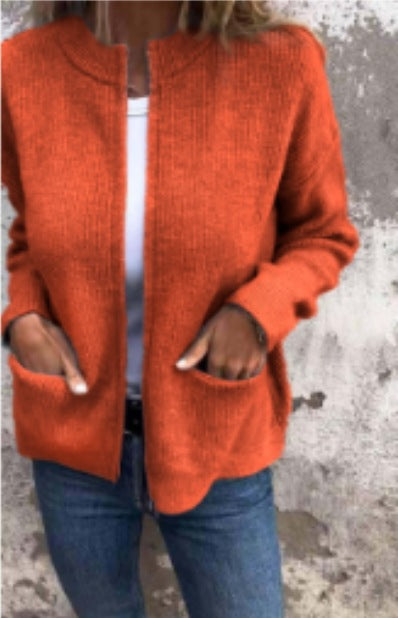 Orange Red zip-front knit cardigan with two patch pockets, size S