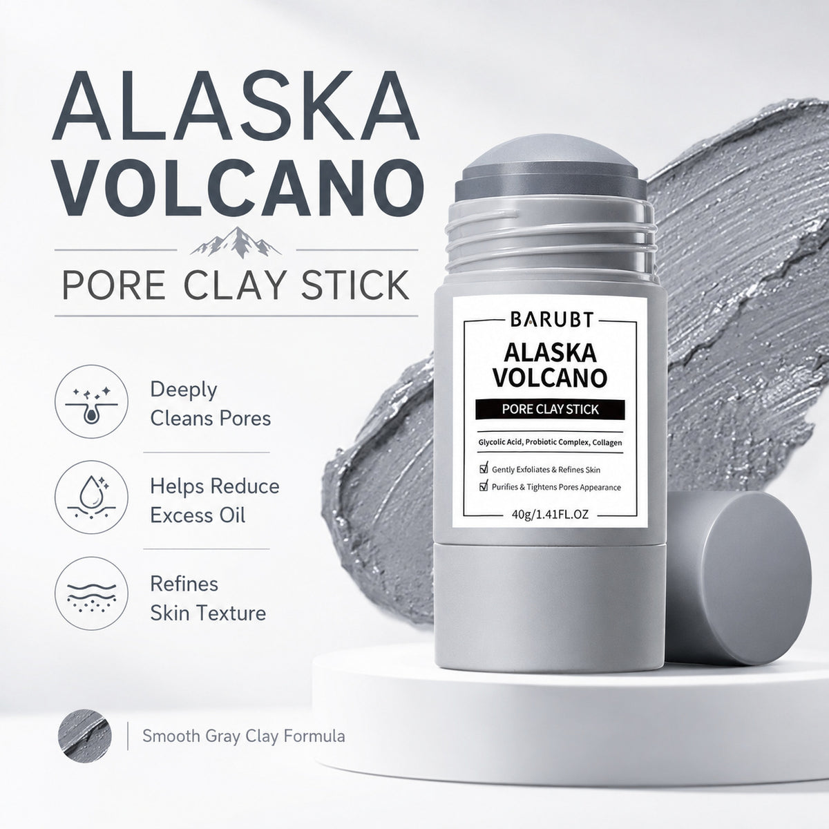Alaska Volcano pore clay stick on a white podium with a gray clay swatch, icons for deeply cleans pores and refines texture