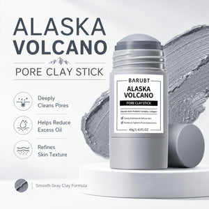 Alaska Volcano pore clay stick on a white podium with a gray clay swatch, icons for deeply cleans pores and refines texture
