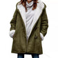 Model in an open olive green hooded toggle coat showing the white plush lining, cuffs and side pockets