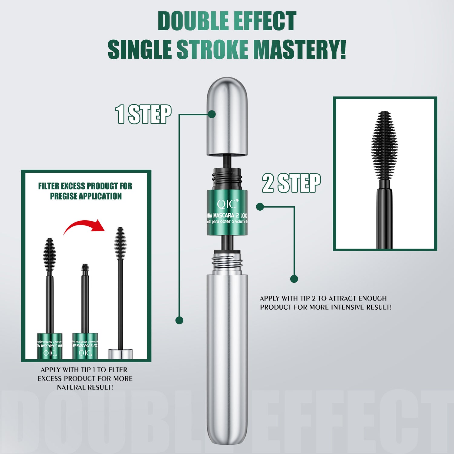 Dual ended waterproof black mascara, silver tube with a fine brush and a dense brush for length and volume