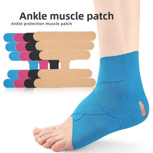 Blue elastic tape applied around an ankle, beside stacks of tape in four colours