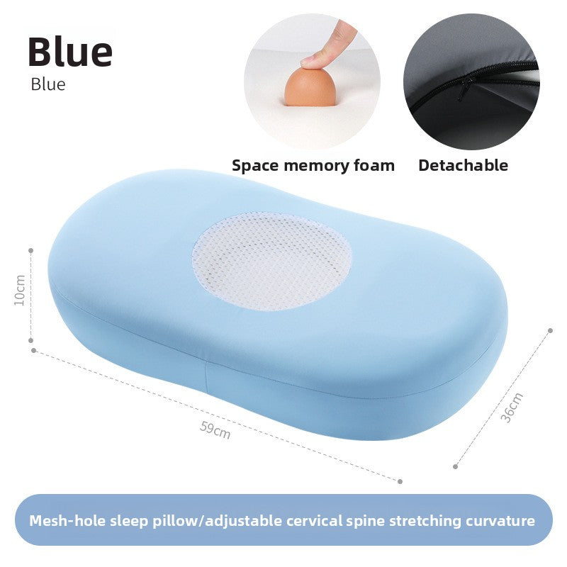 Blue oval memory foam pillow with breathable mesh center panel and marked dimensions