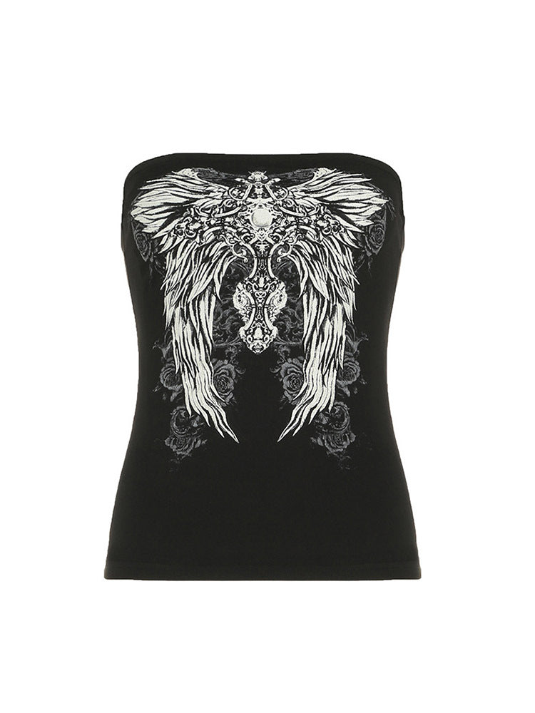 Black strapless tube top laid out flat, front view with a white and grey winged cross print and rose motifs
