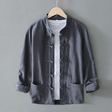 Mens Cotton Linen Shirt Jacket with Stand Collar and Frog Closures
