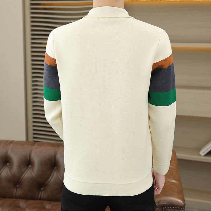 Two patch pockets and ribbed hem of the men's knit button cardigan
