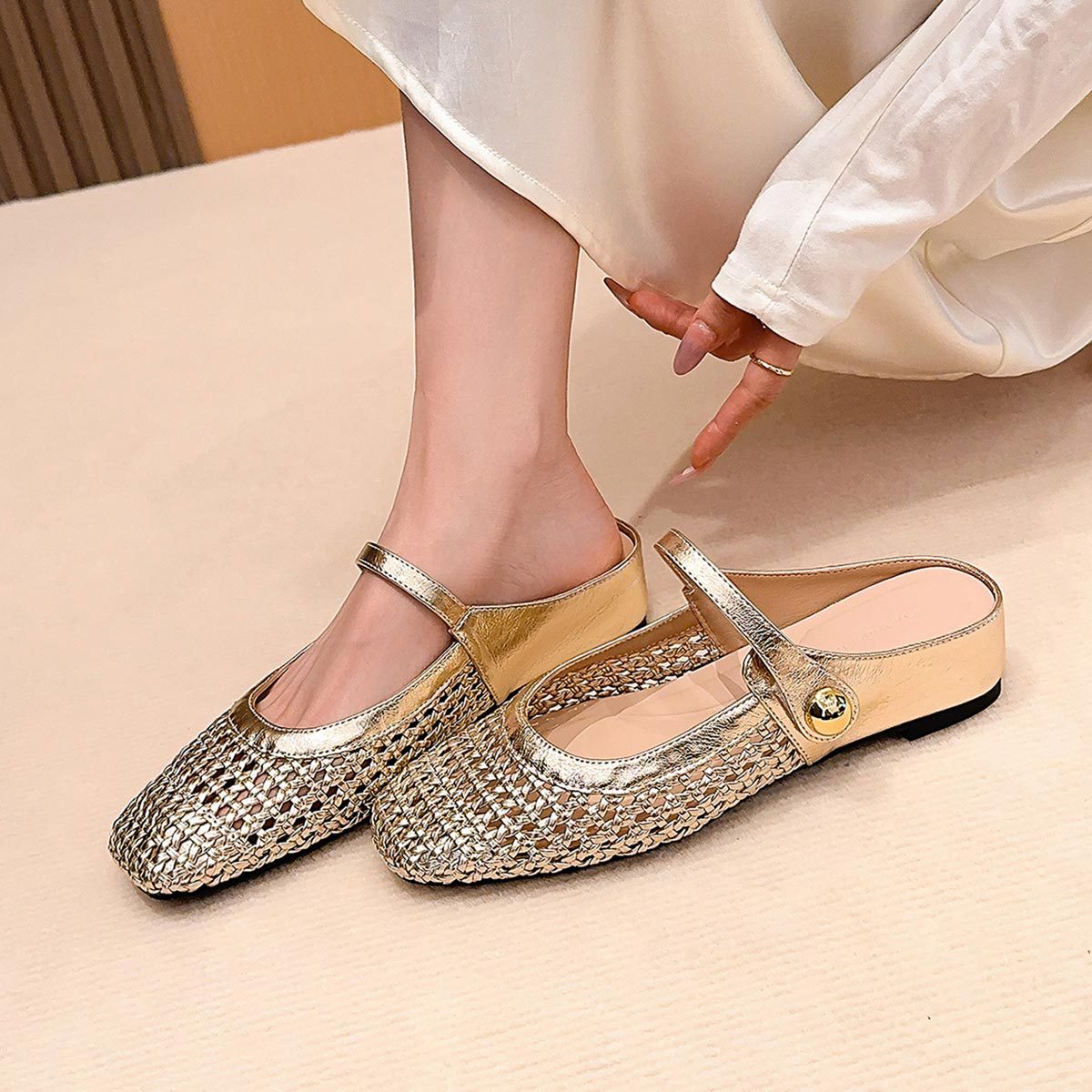 Gold metallic woven openwork Mary Jane mule with a gold tone ball button, option Gold size 42
