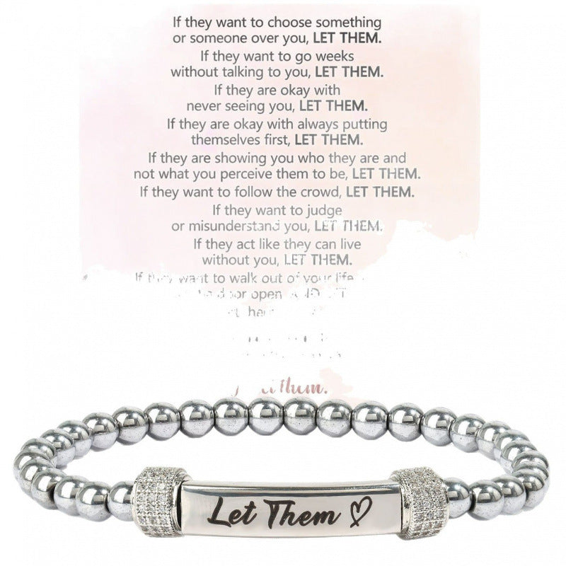 Engraved message bead bracelet in stainless steel on an elastic stretch cord