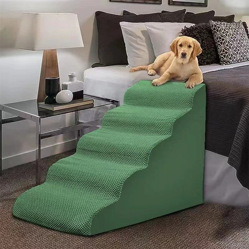 Apple Green five tier foam pet stairs by a bed with a golden retriever on top, option photo for L3 Large 60x40x40cm