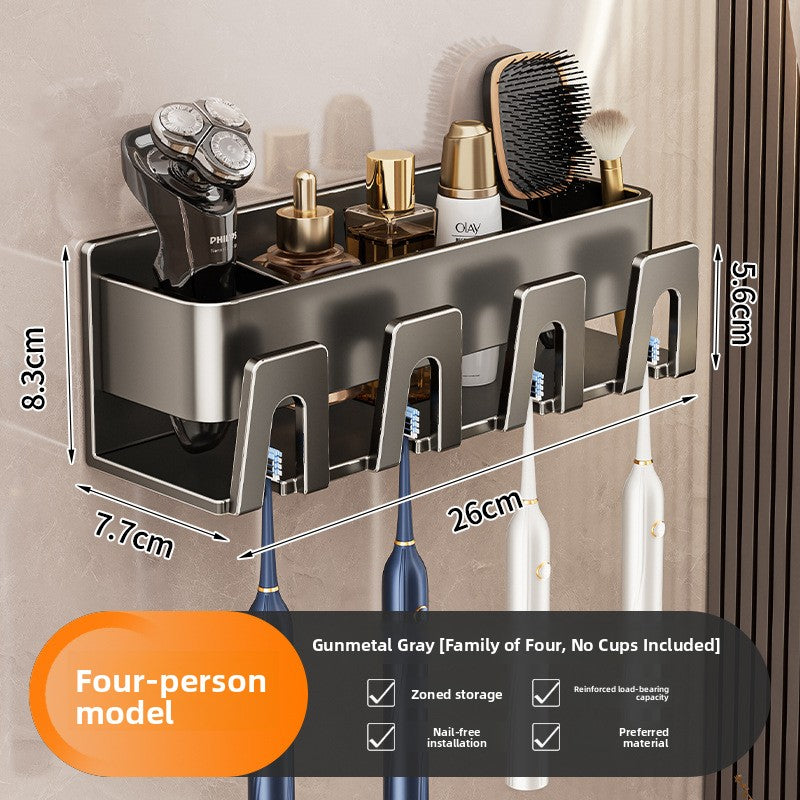 Four person gunmetal gray holder with four brush clips, 26 x 7.7 x 8.3 cm, no cups included