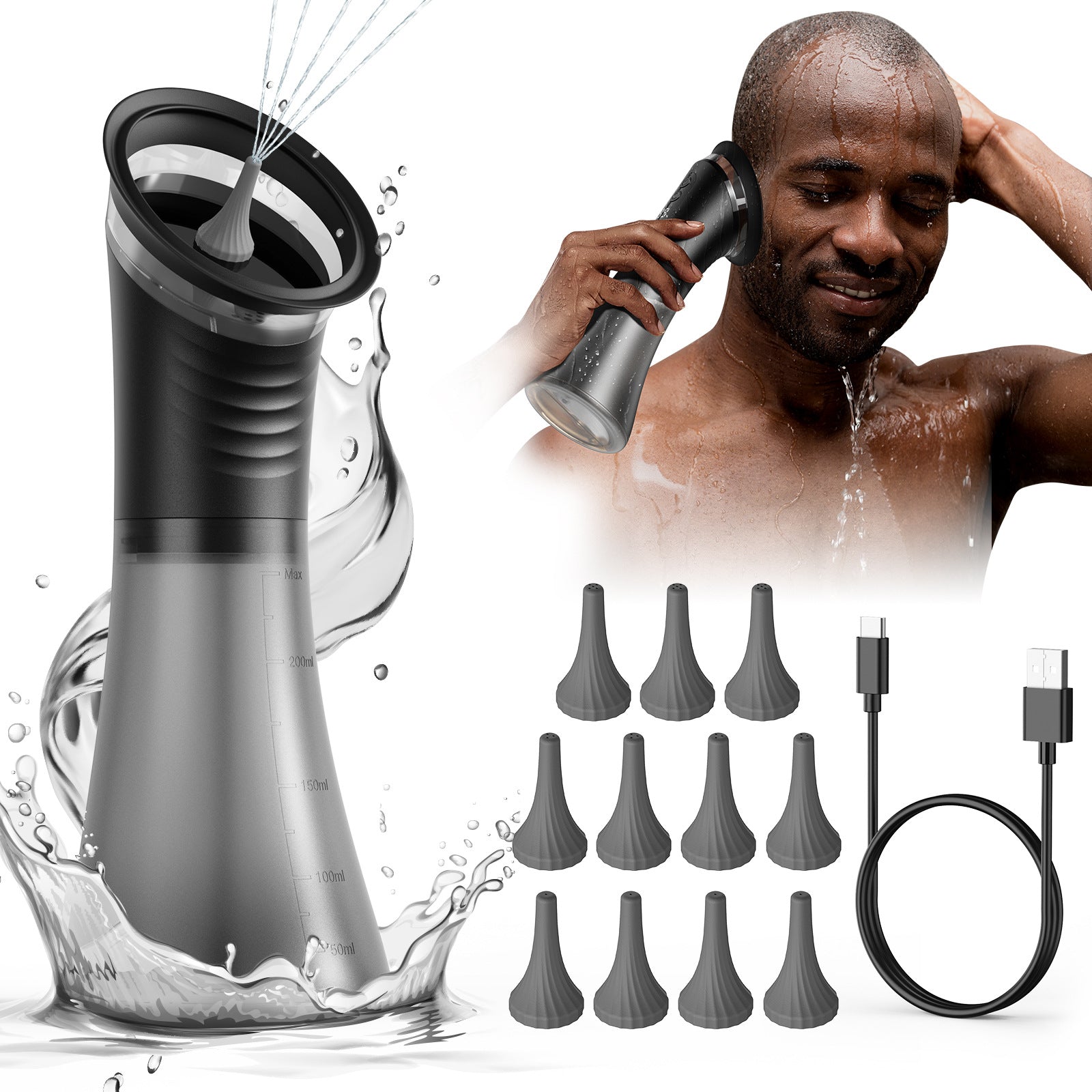 Side profile of the electric ear irrigation flusher showing the slim body and button