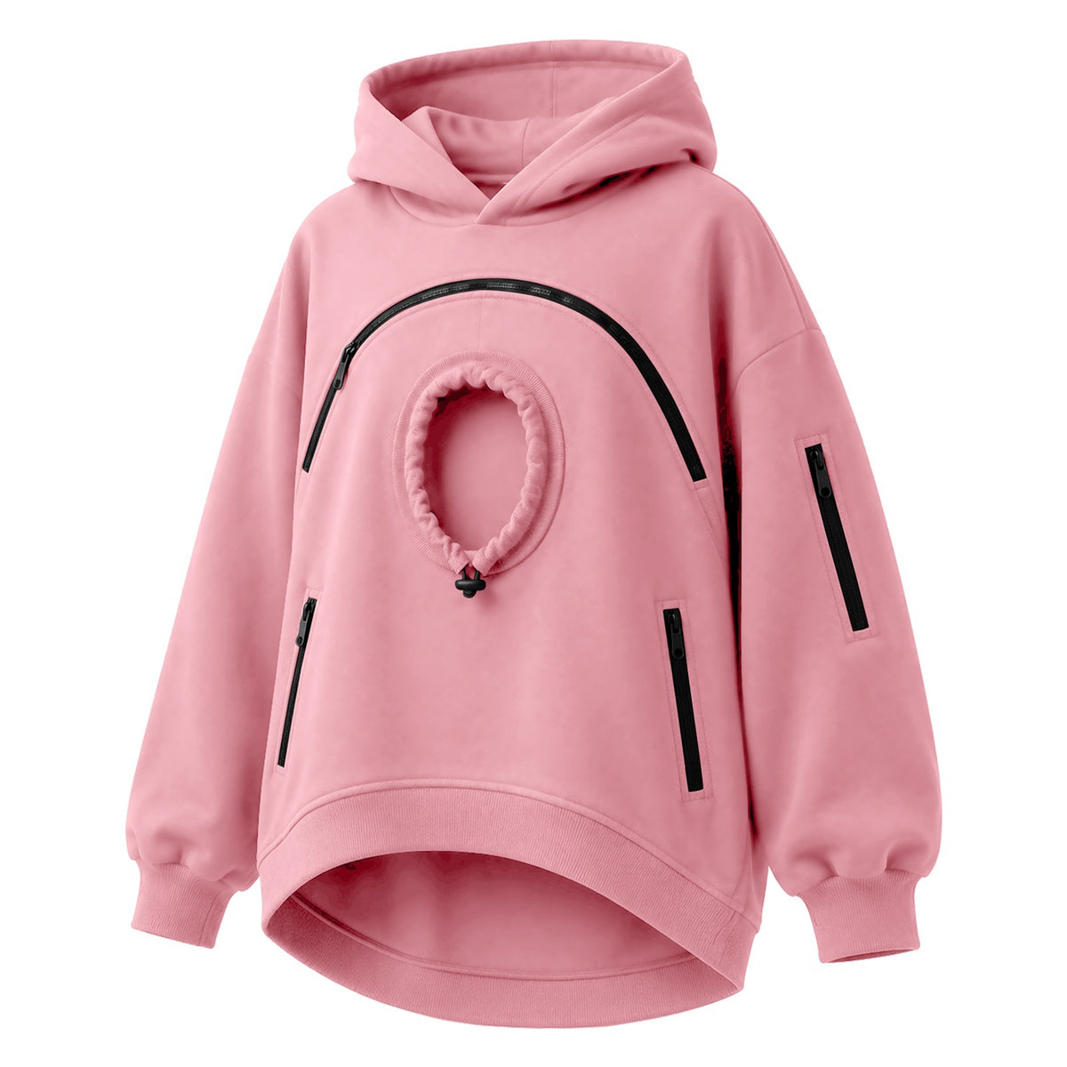 Pink oversized fleece hoodie with round cat pocket and arched zipper, second pink option photo