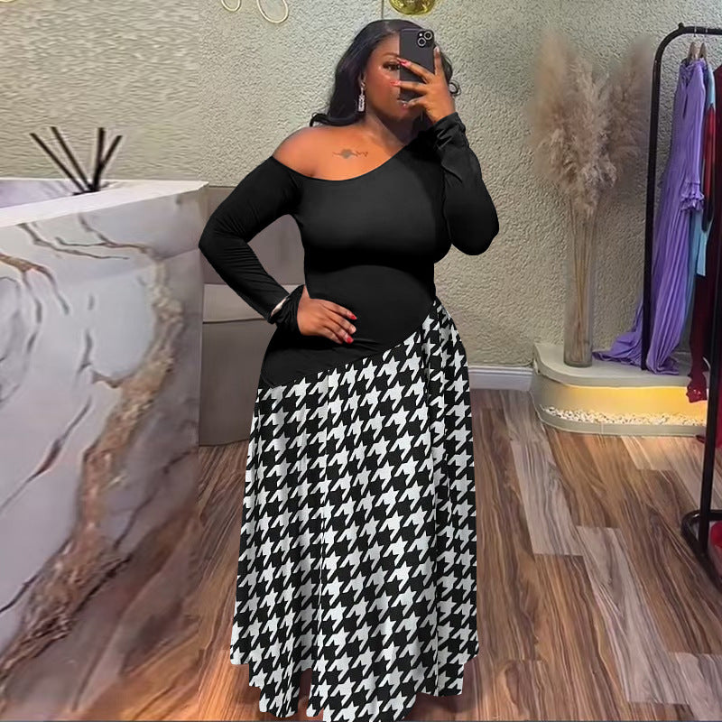 Long sleeve maxi dress with an asymmetric one-shoulder neckline and a full printed skirt