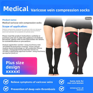 Plus size compression socks chart showing black knee high and thigh high leg coverage