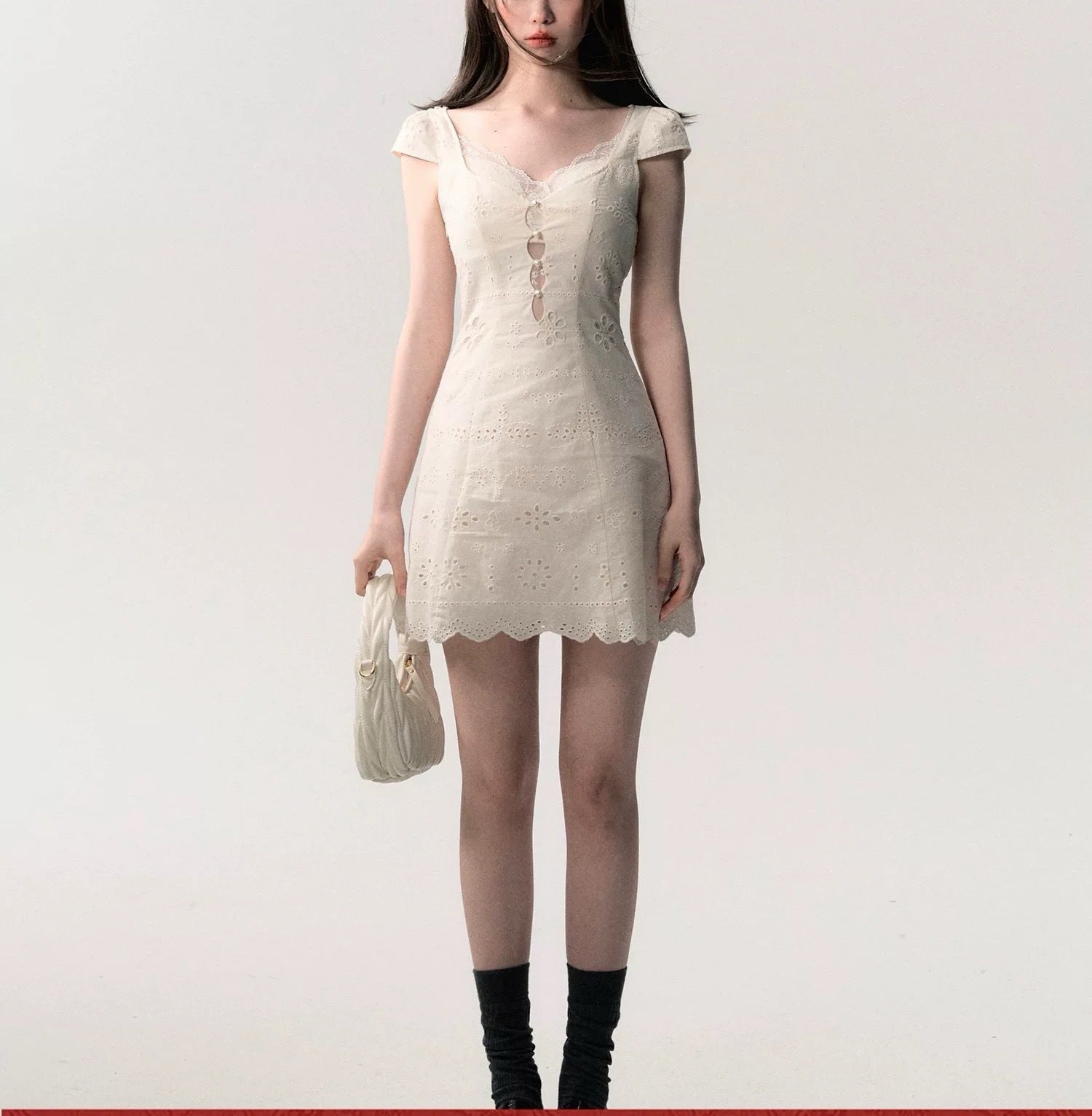 Lace patchwork summer dress styled with flat shoes for a relaxed summer day look