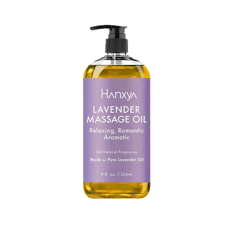 Purple Hanxya Lavender Massage Oil bottle made with pure lavender oil, 236 ml, black pump top