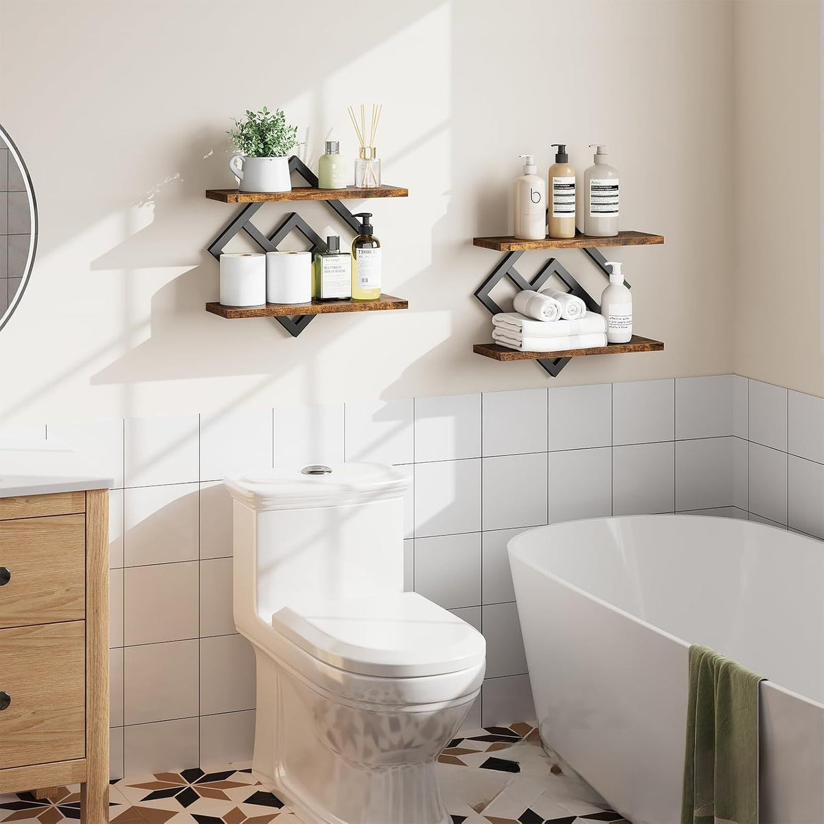 Two wall shelf units with black geometric frames in a bathroom holding plants, bottles and rolled towels