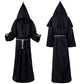 Front and back views of a black hooded monk robe with a rope belt on a white background