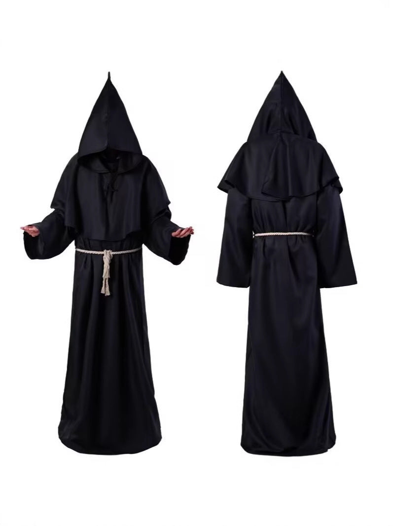 Front and back views of a black hooded monk robe with a rope belt on a white background