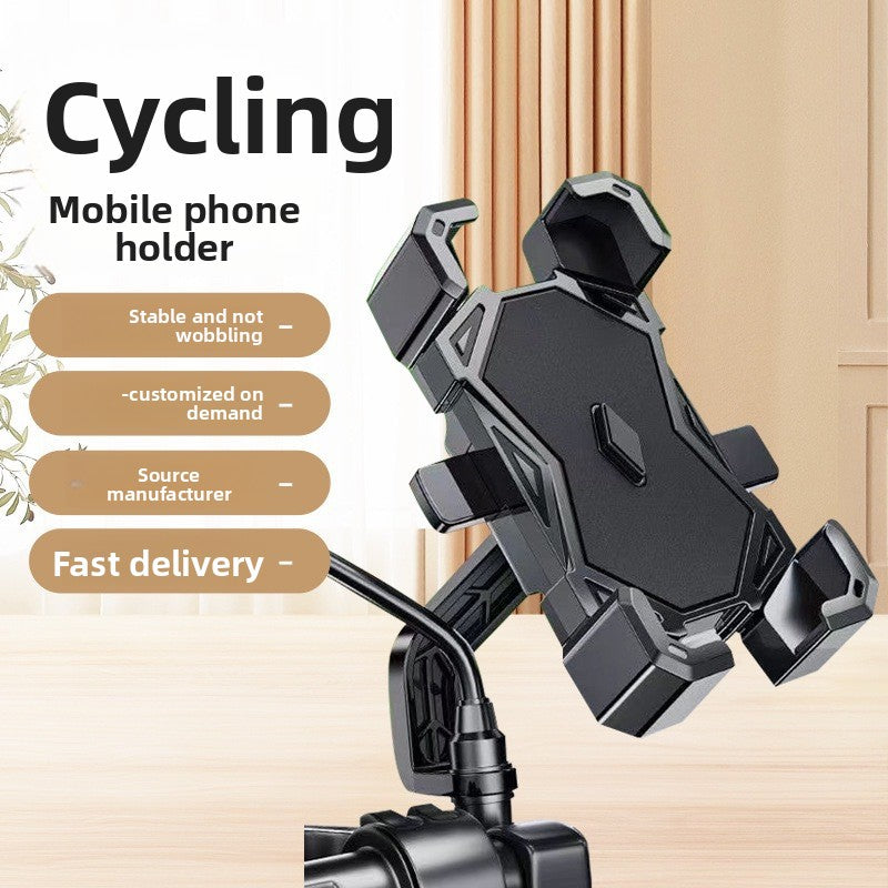 Black cycling phone holder on a mirror arm, maker panel and indoor wooden background