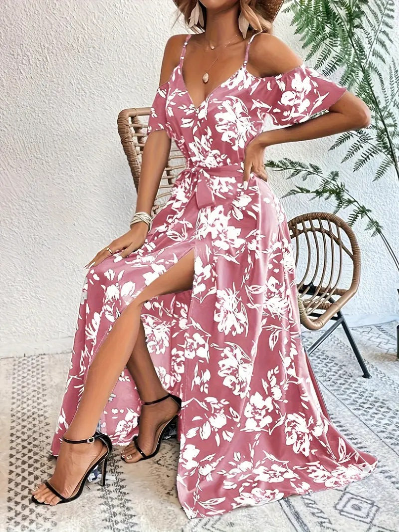 Floral maxi dress with sash tied at the waist and sweeping ankle length skirt
