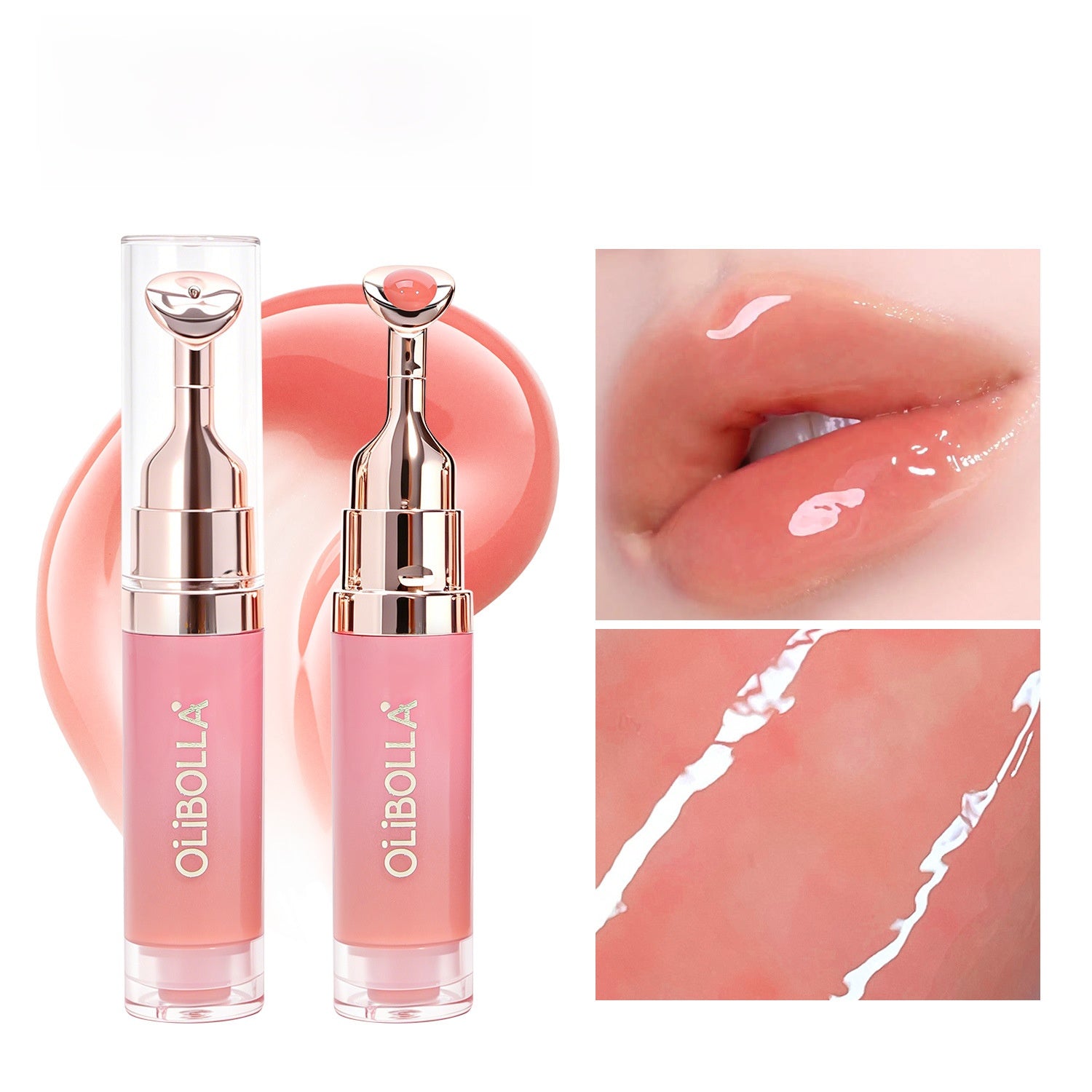 Lip glaze tube with rose gold metal applicator tip and a high shine lip swatch