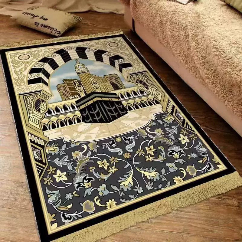 Plush velvet Islamic prayer mat with a printed ornamental design and fringed ends on a wood floor