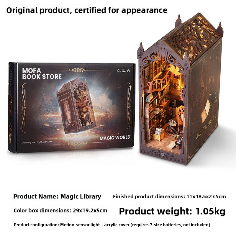 MOFA Book Store color box beside the built Magic Library nook, text original product certified for appearance, size, weight