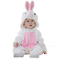 Baby in a white rabbit flannel romper with long ears and a pink belly panel, size 120