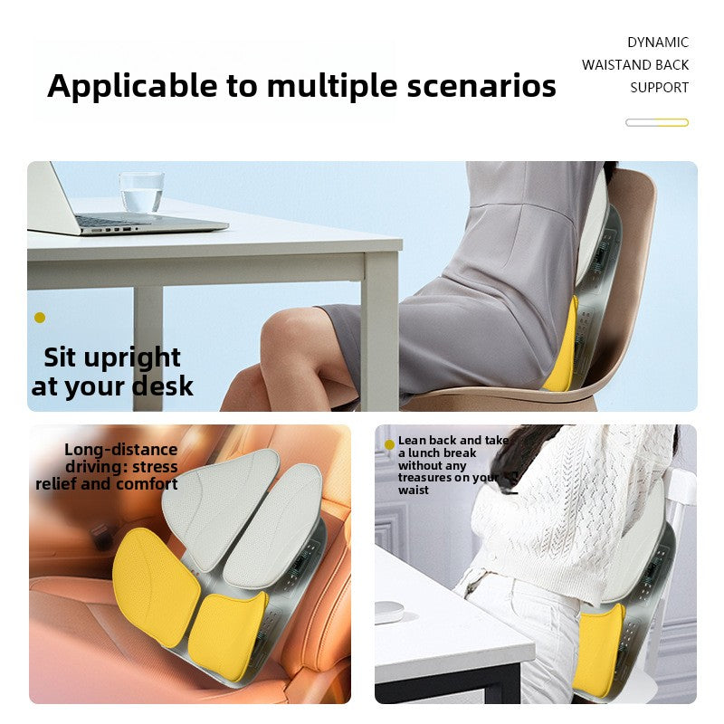 Lumbar back support cushion fitted to an office chair at a desk in use
