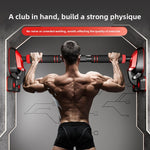 Black and red steel door frame pull-up bar mounted across a doorway with tripod plates