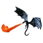 Black winged dragon with an orange flame stream and a curling tail on a black background, Black and Orange variant