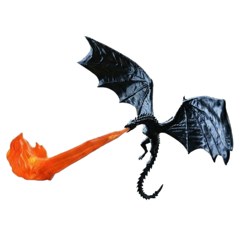 Black winged dragon with an orange flame stream and a curling tail on a black background, Black and Orange variant