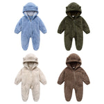 Four plush bear ear hooded infant rompers in light blue, army green, beige and brown, front view