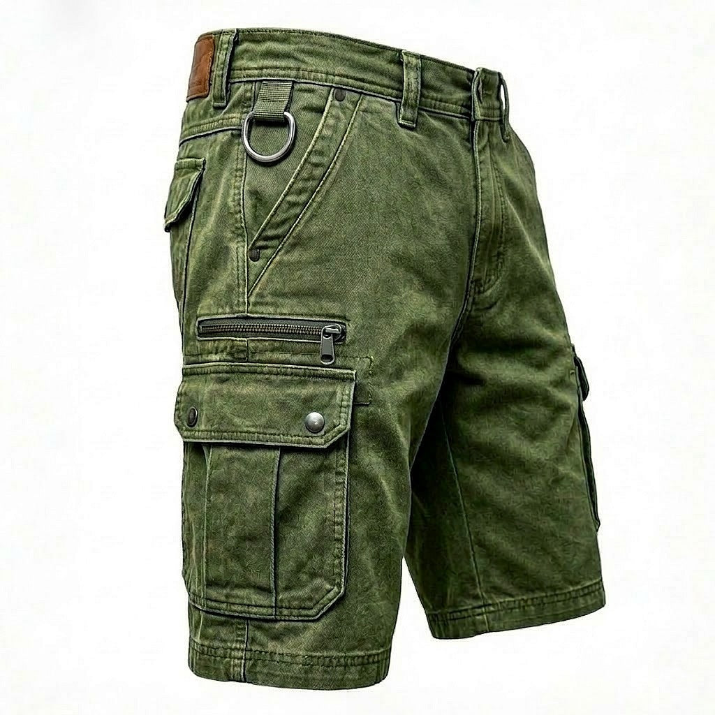 Washed cotton denim mens cargo shorts, detail of the front slanted hand pockets