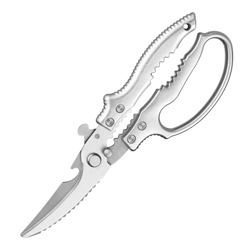 Silver handled stainless steel kitchen bone shears shown open on a white background