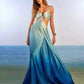 Gradient satin halter dress, front view showing halter neckline and drape