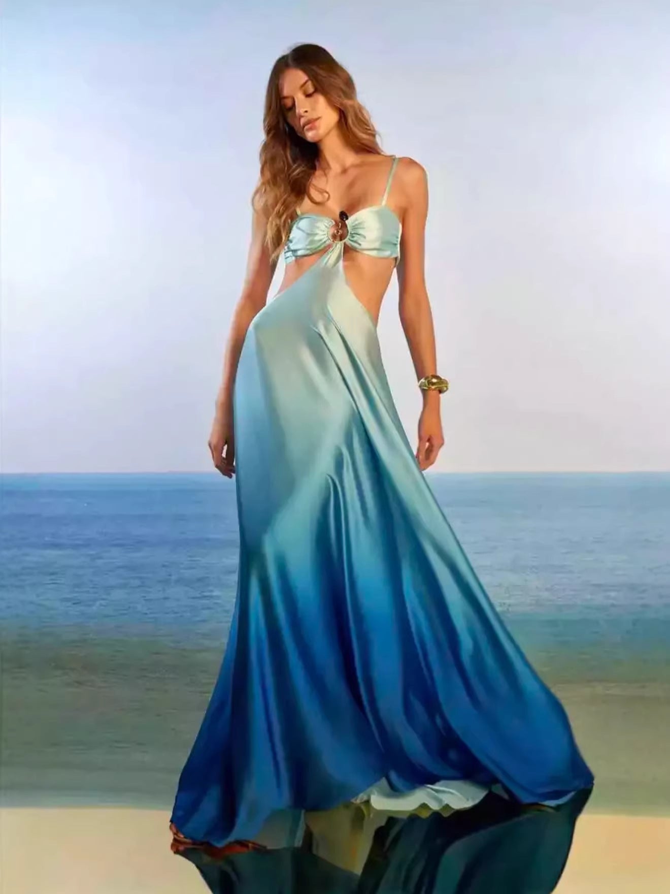 Gradient satin halter dress, front view showing halter neckline and drape