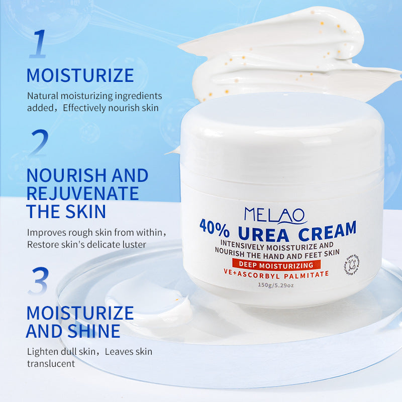 MELAO 40% Urea Cream jar with a swirl of white cream and a three step moisturize layout on blue