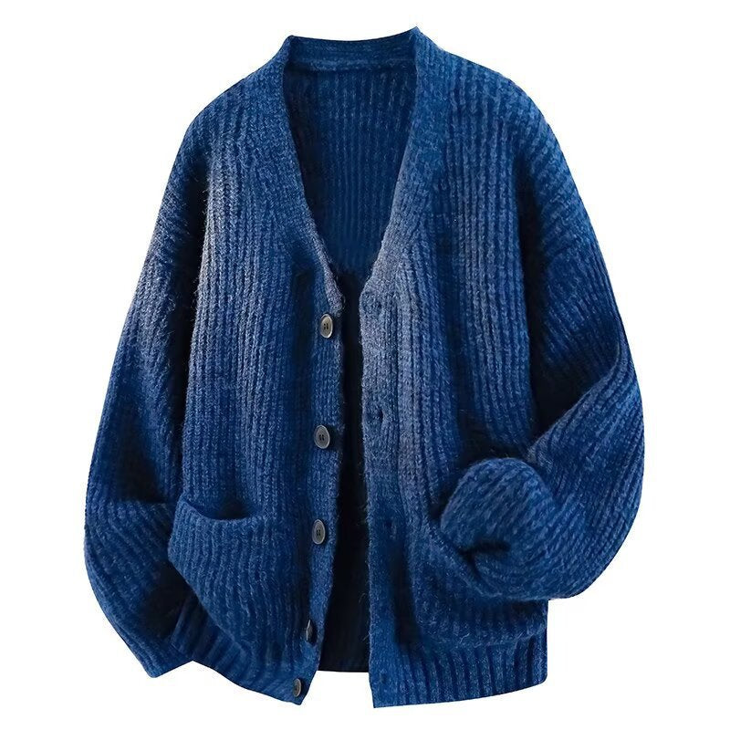 Royal Blue ribbed knit V-neck cardigan with buttons and patch pockets, Royal Blue option, size M