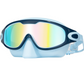 Close view of the wide frame and soft silicone seal of the large frame swim goggles